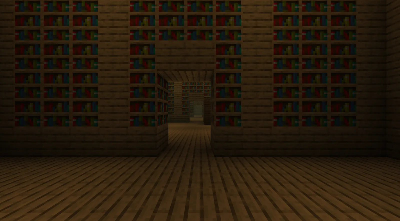 Walls of bookshelves and wooden floors in the Library