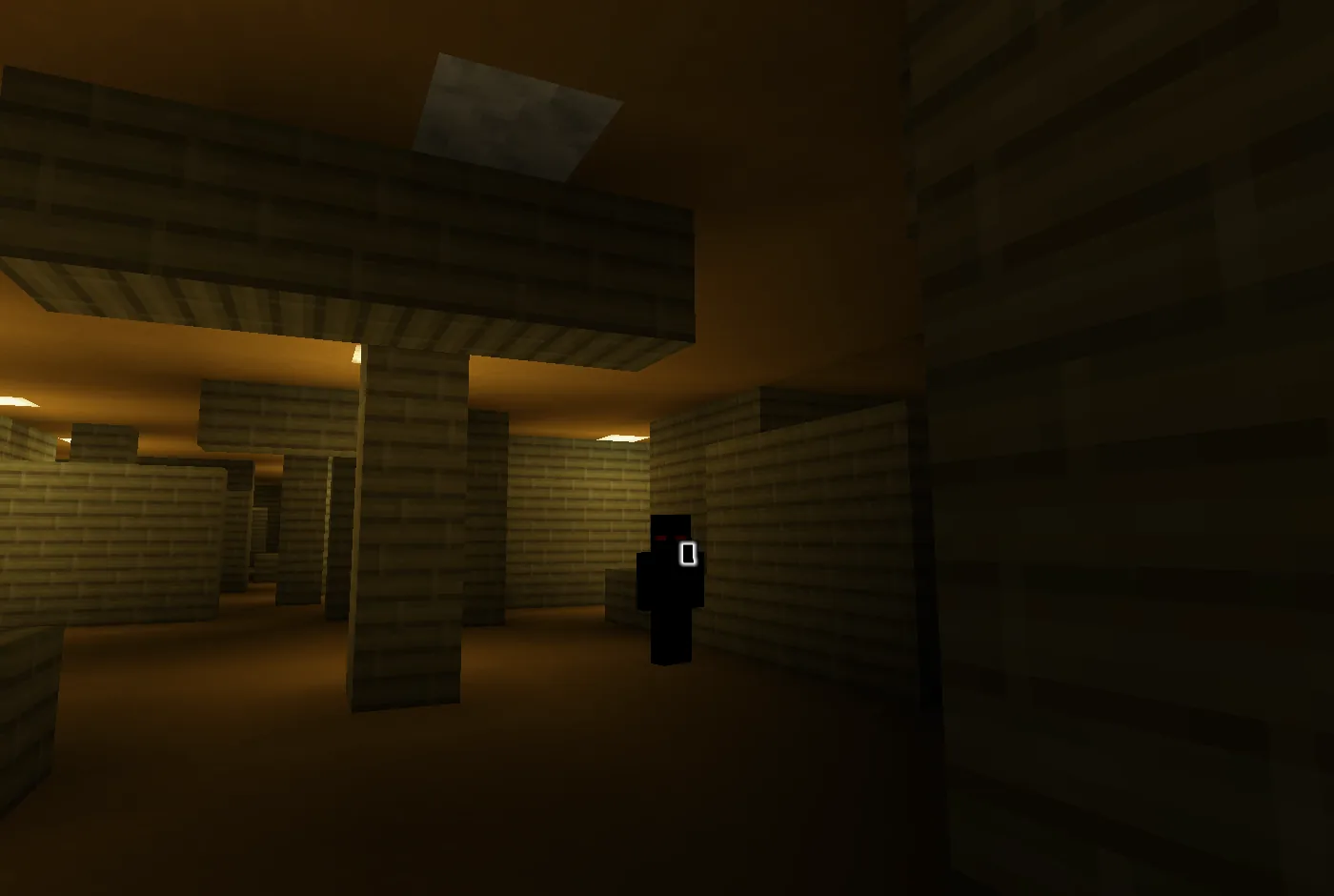 A black figure with red eyes, closer, between yellow walls