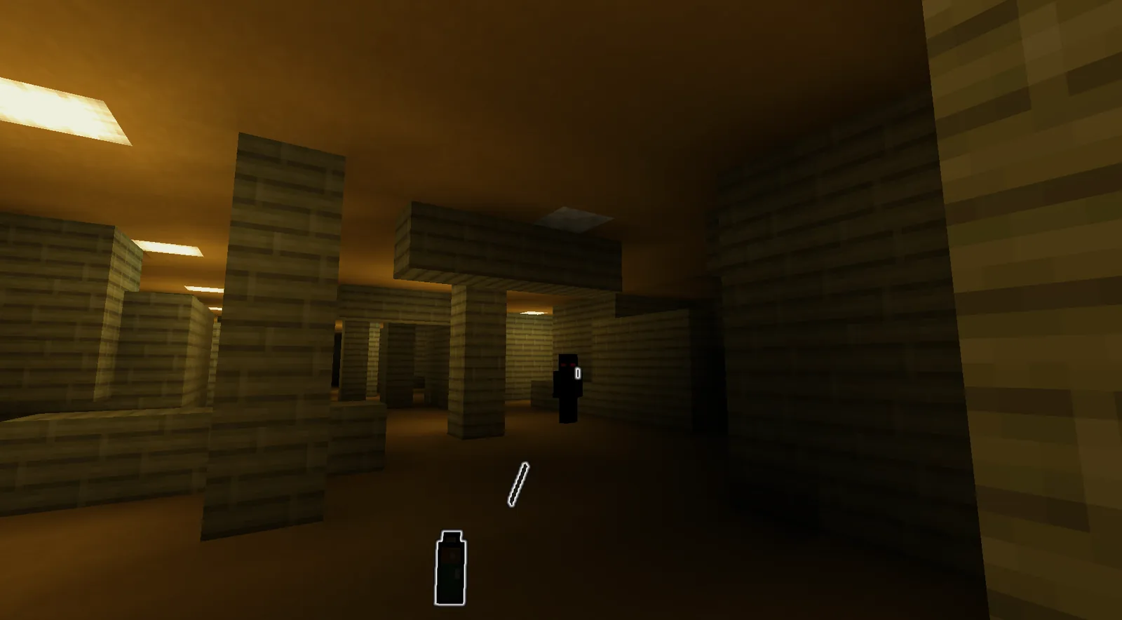 A black figure with red eyes standing in a yellow corridor