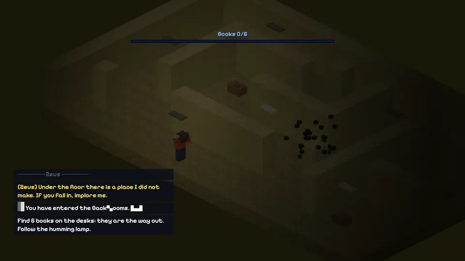 The figure breaks into black cubes and the maze turns into the Poolrooms, with a red door at the end