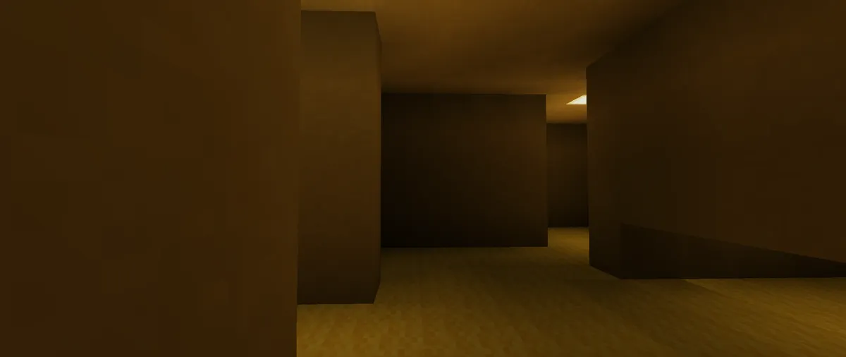 Backrooms by wmods: a yellow corridor on Level 0, and something smiling in the dark at the end of it