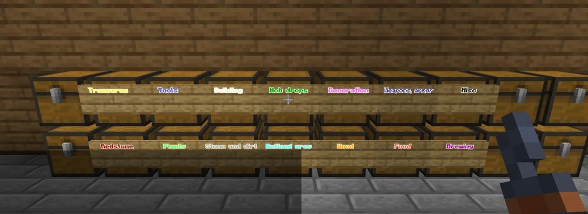 Two rows of chests with coloured category signs