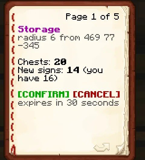 The storage plan book: 20 chests, 14 signs, confirm or cancel
