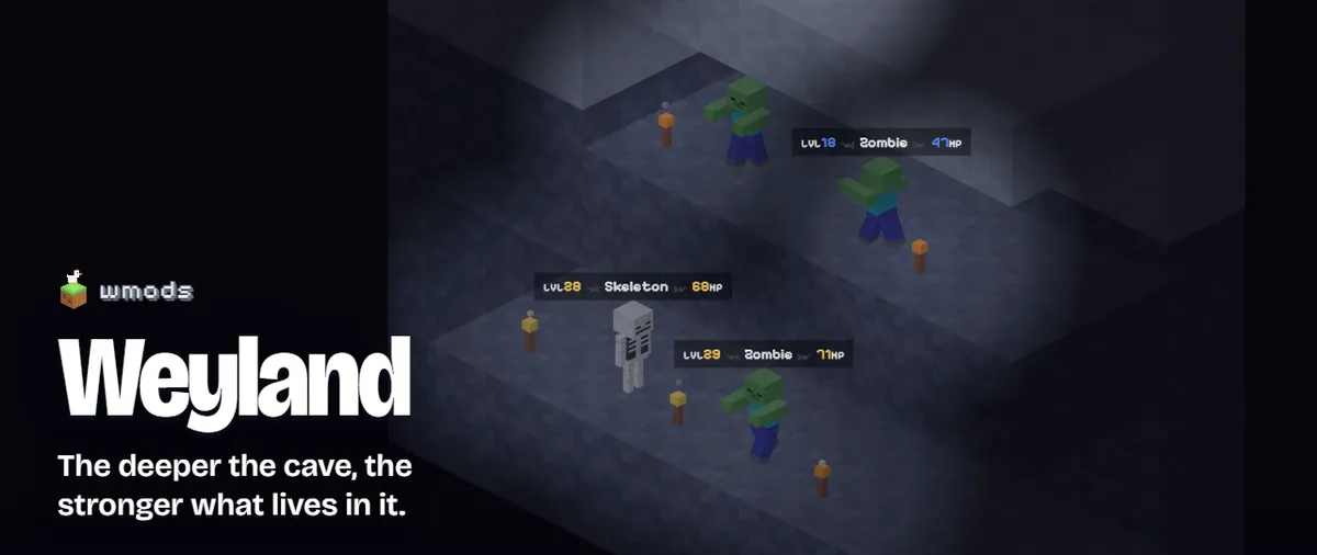 Weyland by wmods: mobs with level nameplates in a dark cave